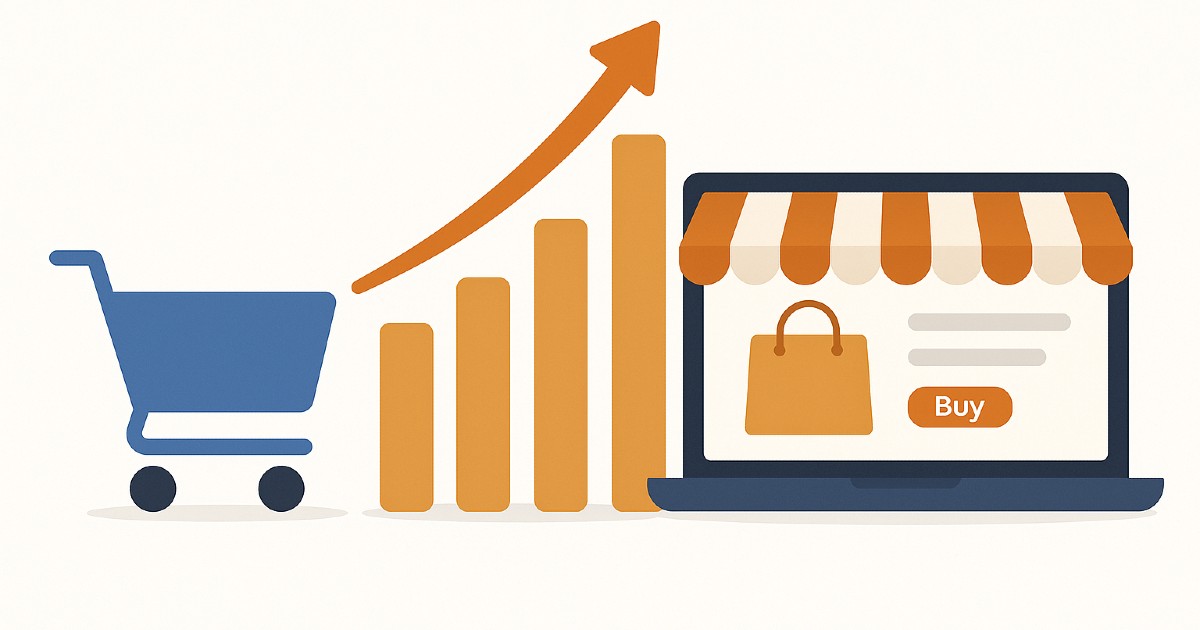 Grafico di crescita dell’eCommerce con carrello e laptop