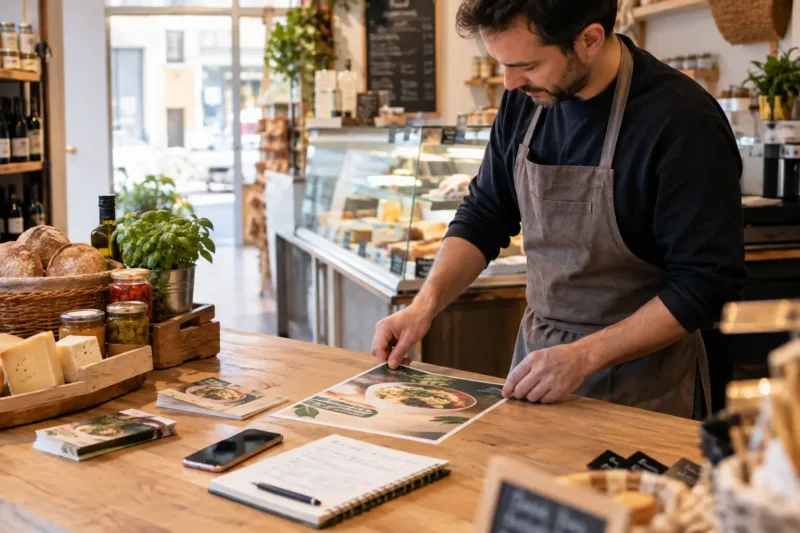 Titolare di una gastronomia prepara una promozione con strumenti di AI e marketing.