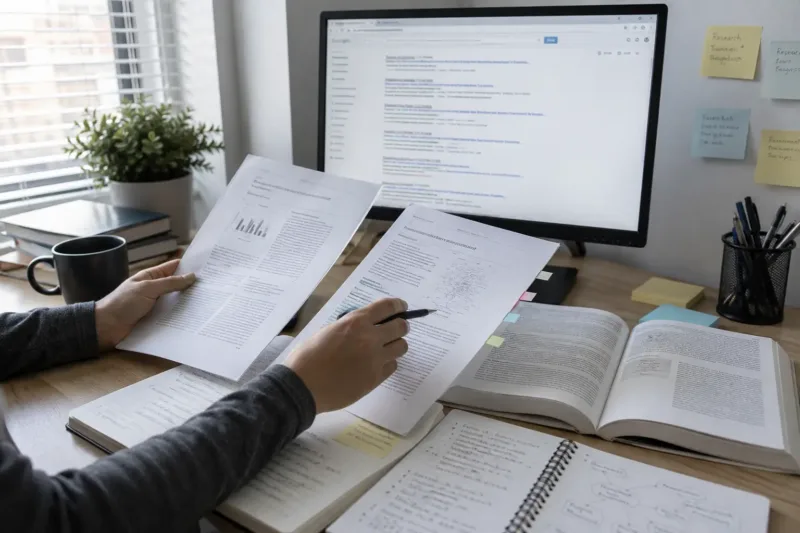 Ricerca online e confronto di fonti prima di preparare un contenuto.