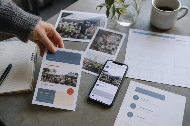 Materiali cartacei e digitali usati per promuovere un evento locale.