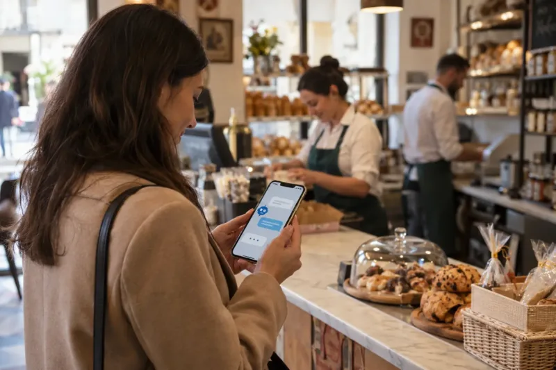 Cliente utilizza sullo smartphone un assistente virtuale mentre si trova all’interno di una piccola attività.Cliente utilizza sullo smartphone un assistente virtuale mentre si trova all’interno di una piccola attività.