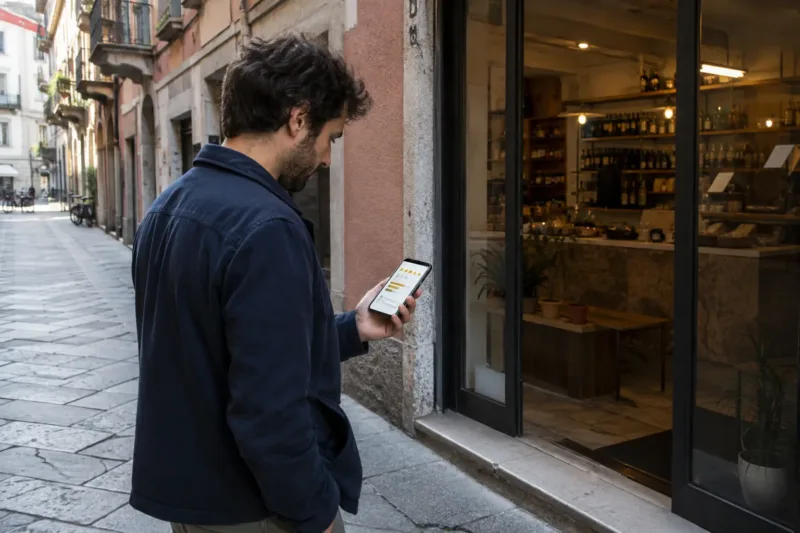 Cliente consulta il telefono davanti a un negozio prima di entrare