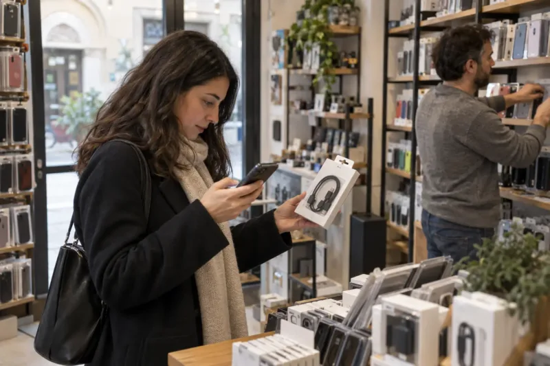 Cliente confronta un accessorio per smartphone in un piccolo negozio mentre consulta il proprio telefono.