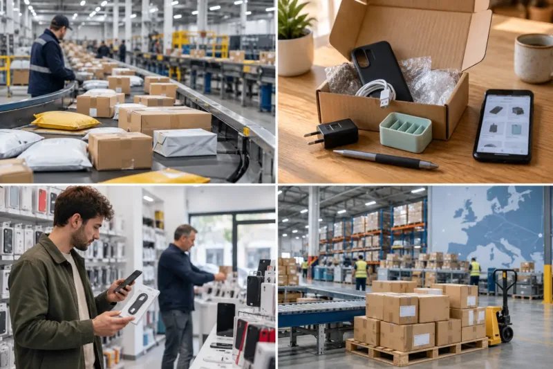 Magazzino europeo con pacchi raggruppati e pronti per la distribuzione ai clienti.