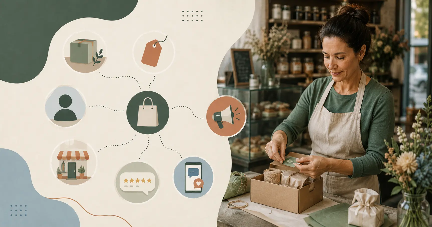 Marketing e pubblicità per una piccola attività rappresentati come parti di una strategia più ampia