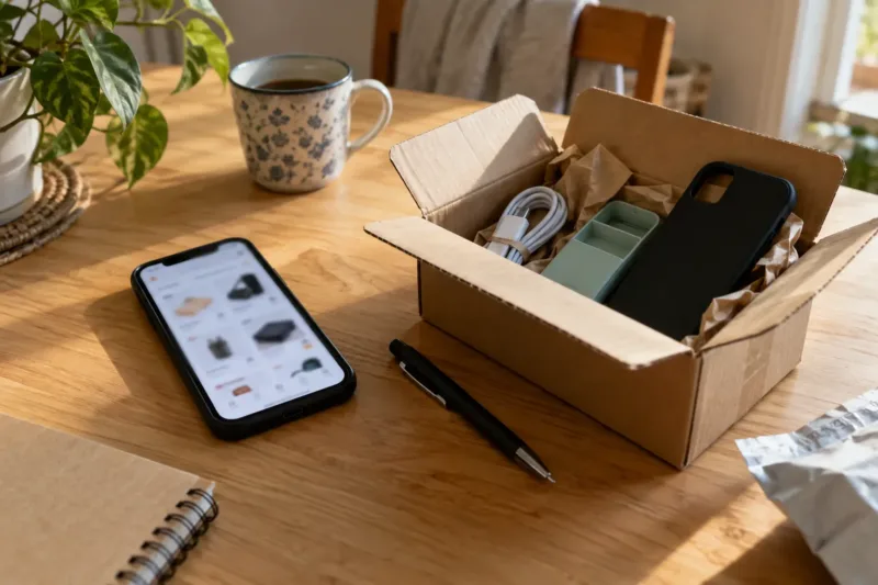 Piccoli oggetti economici acquistati online accanto a un pacco aperto e a uno smartphone.