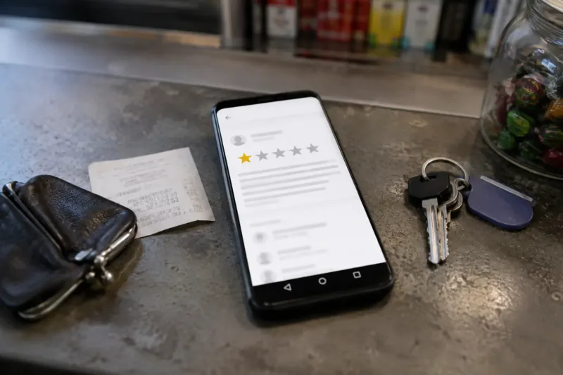Recensioni negative Google visualizzate sullo smartphone di una piccola attività