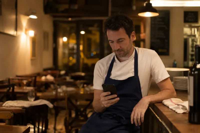 Titolare di un piccolo ristorante controlla una recensione dopo il servizio