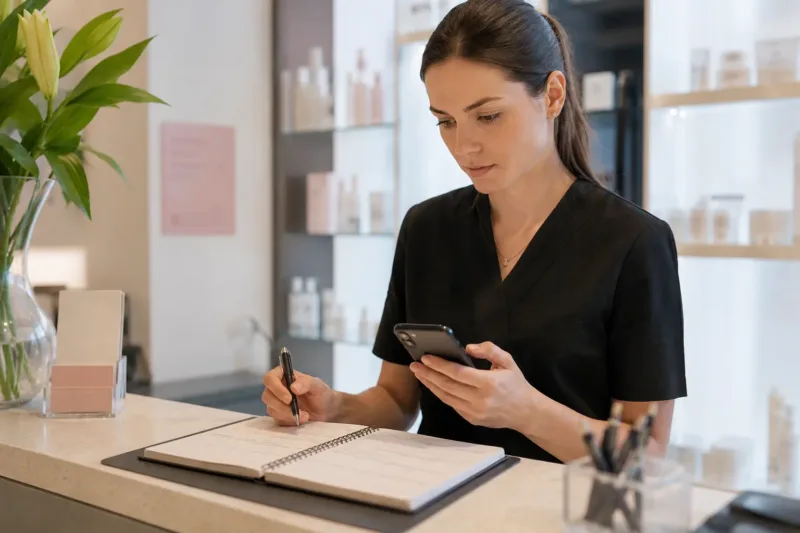 Professionista controlla agenda e smartphone prima di rispondere a una recensione