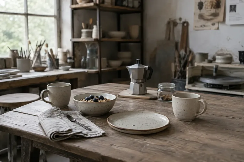 Tazze e ceramiche artigianali ambientate su un tavolo da colazione in un piccolo laboratorio.