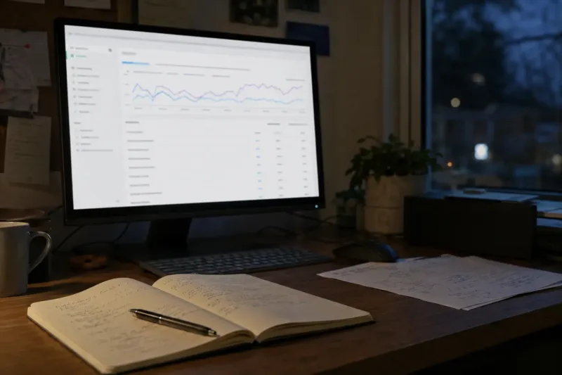 Scrivania con report delle prestazioni di ricerca aperto sul monitor e quaderno per l’analisi dei risultati.