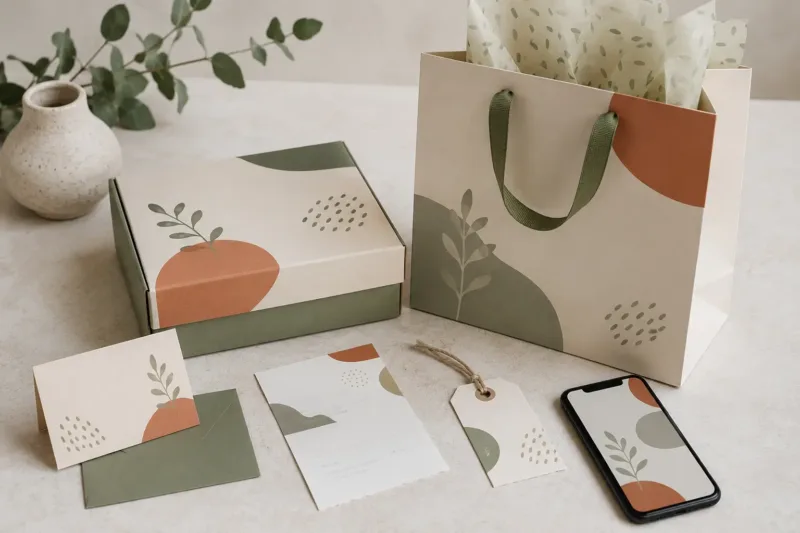 Materiali coordinati di una piccola attività con colori e stile visivo coerenti.