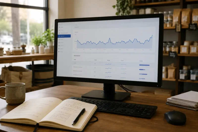 Report di visibilità del sito consultato su un monitor in una piccola attività