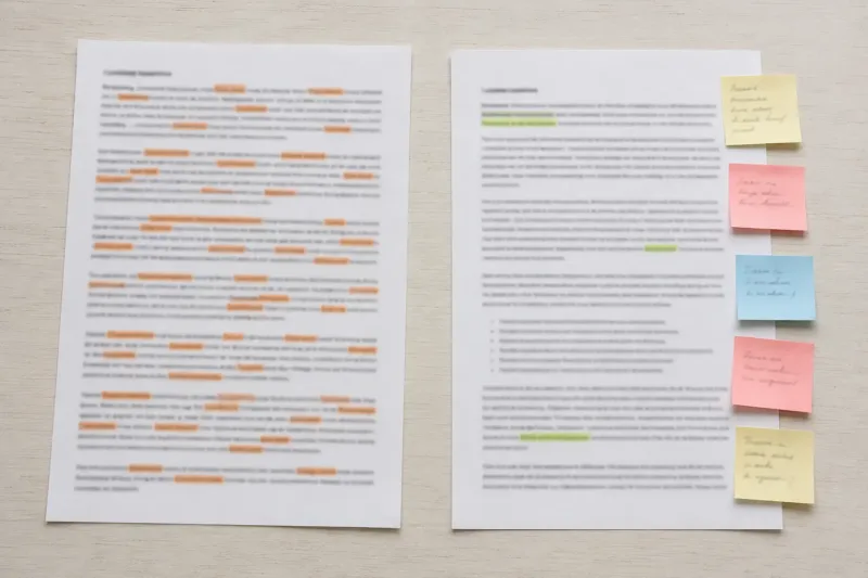Due bozze di articolo confrontano una scrittura ripetitiva con un testo più naturale e articolato.